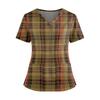 Women's Plaid Print V-Neck and Caregiver Top with Double Pockets and Split Hem Short Sleeves