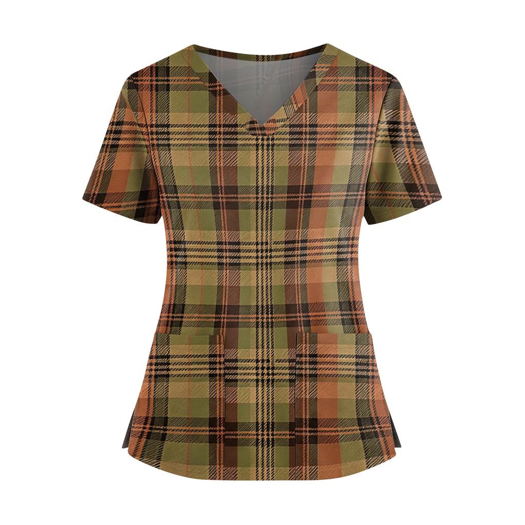 Women's Plaid Print V-Neck and Caregiver Top with Double Pockets and Split Hem Short Sleeves