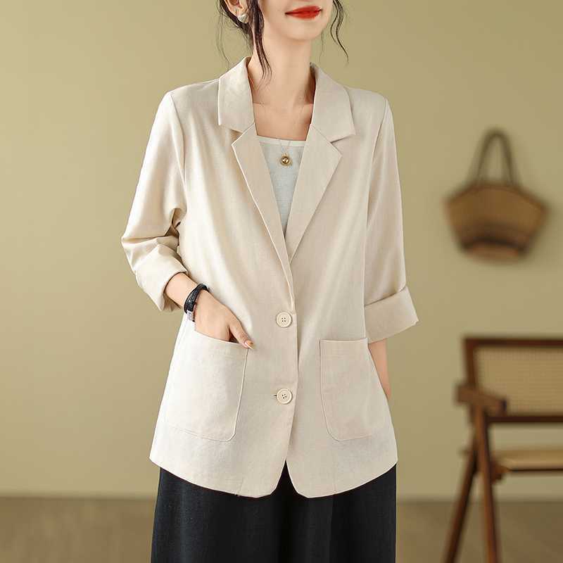 Blazers Casuales de Algodón y Lino Chaqueta para Mujer Primavera Retro Color Sólido Holgado Combinable Blázer Top