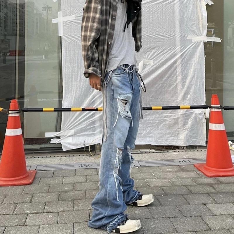DRIPX Distressed Vintage Hole Ripped Blue Flare Jeans Pants for Men and Women Streetwear Casual Baggy Denim Trousers Oversized Cargos