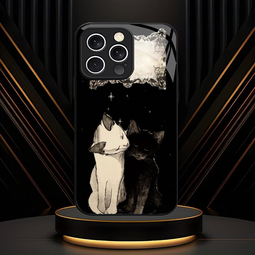Minimalist Black & White Cat mobile phones Glass phone case for iphone 17 pro max cover for iPhone 17 16 15 14 13 12 pm Pro Plus