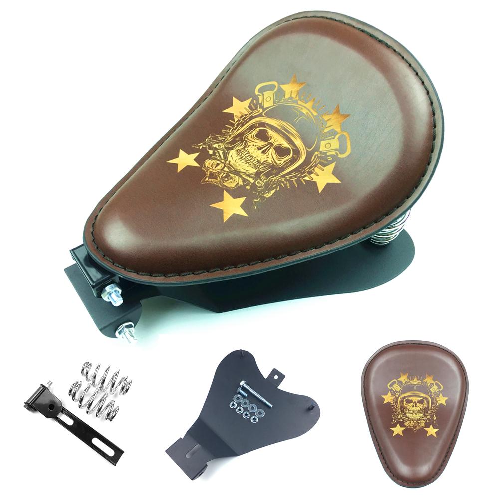 Motorcycle Retro Brown/Black Skull Leather Solo Seat+3" Spring Bracket for Harley Custom Chopper Bobber Leather Saddle Seat
