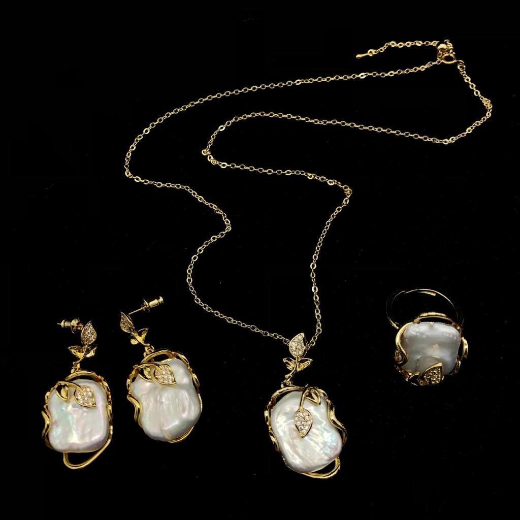 Vintage Elegant Baroque Pearl Jewelry Set - Square Freshwater Necklace, Ring, Earrings for Women