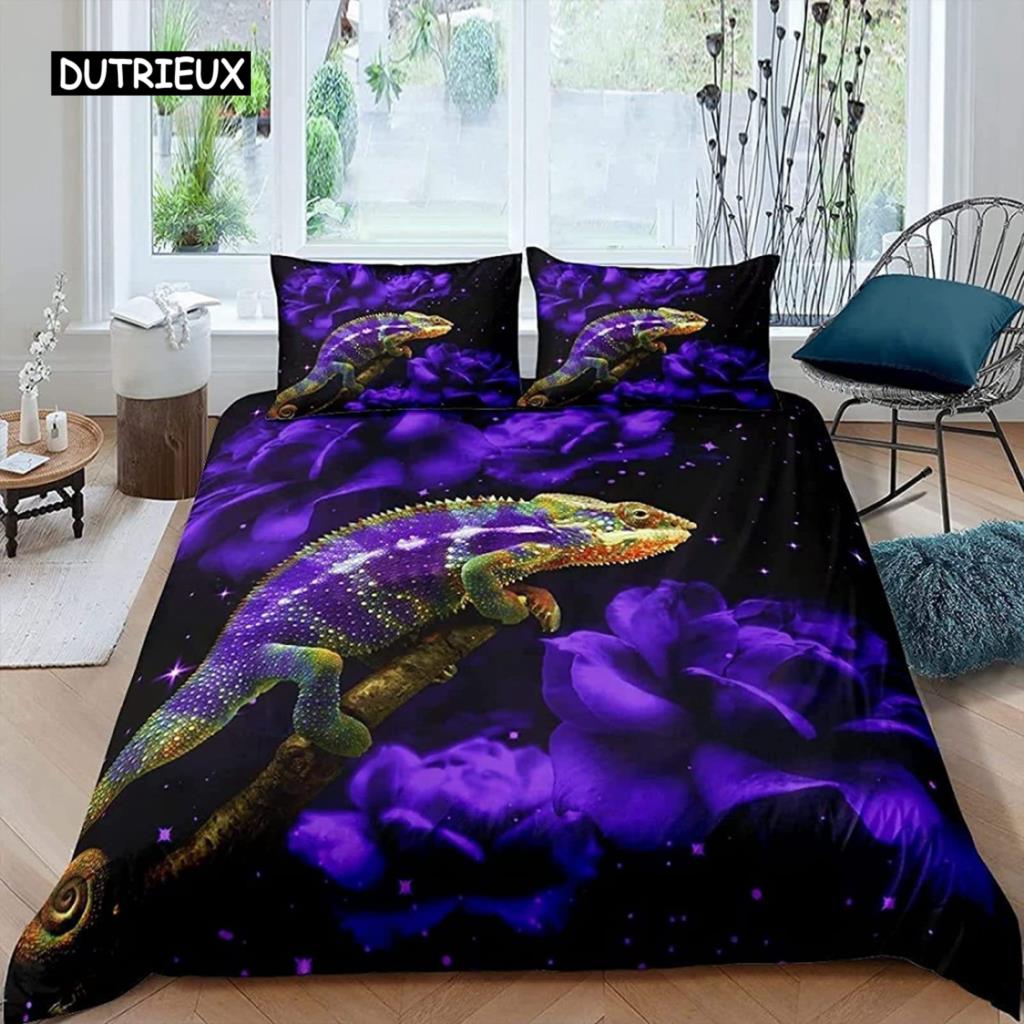 Chameleon Duvet Cover Set 3D Wild Animal Theme Twin Bedding Set Wildlife Comforter Cover Boys Green Leaf Polyester Quilt Cover
