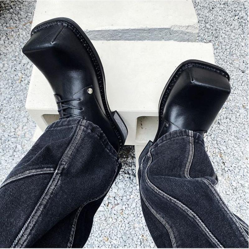 Male Leather Shoes Men 2025 New Square head Chunky Platform Retro Work Shoes Spring Autumn Derby Shoes Low Top Man Casual Flats