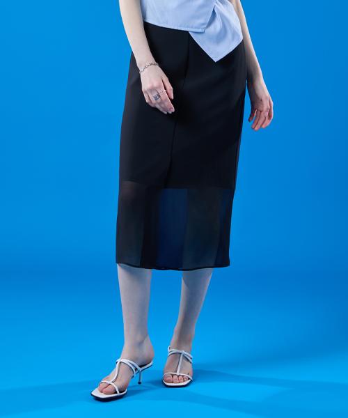 Collet See-Through Chiffon Slit Cooling Layered Long Skirt [Black]