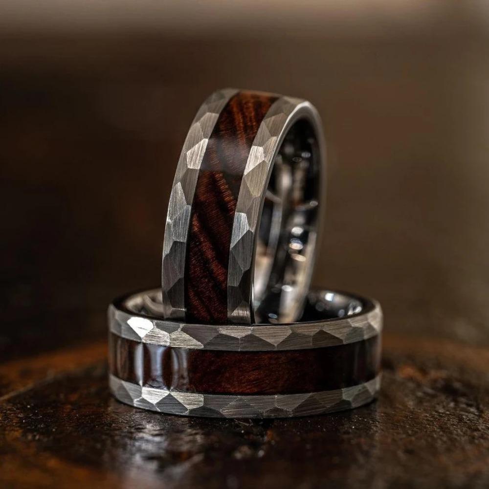 8MM  Hammered Silver Color Men Stainless Steel Rings Koa Wood Rings for Men Wedding Band Jewelry Party Ring Dropping Ship