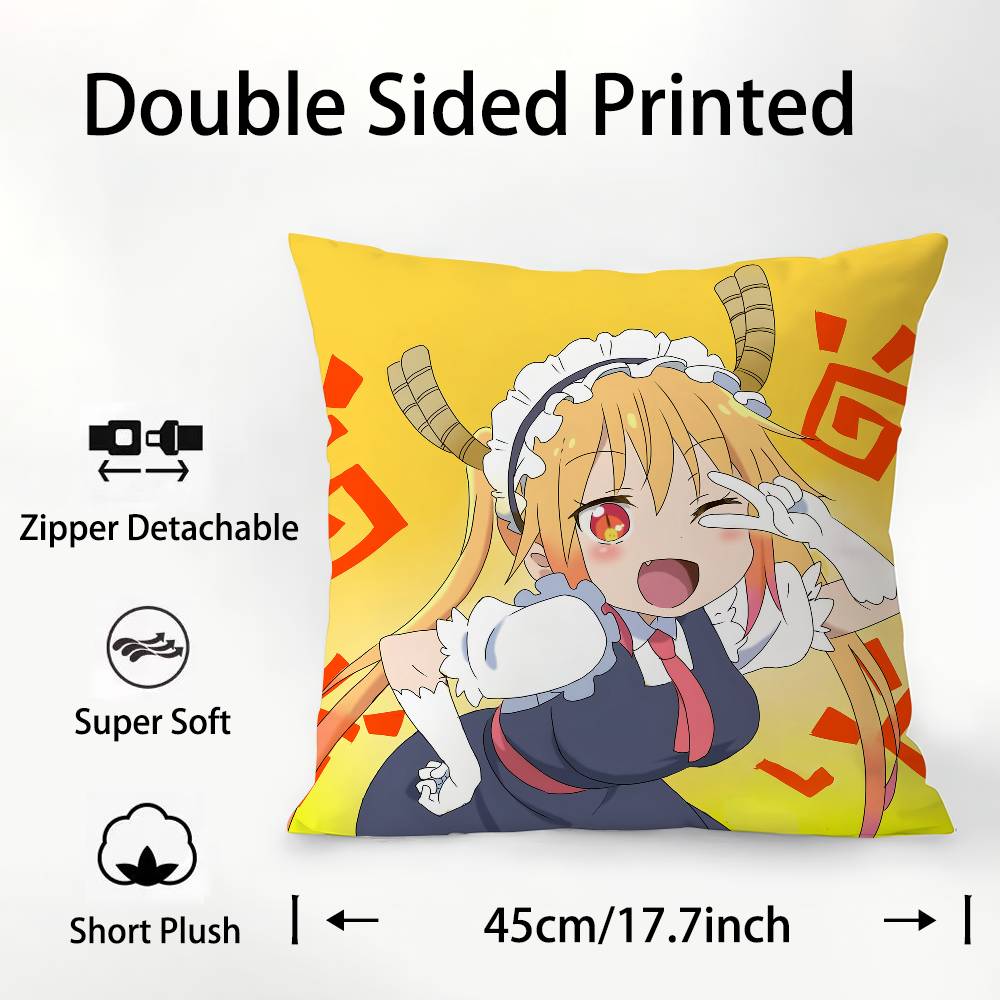Anime Miss Kobayashis Dragon Kobayashi Kanna Pillow Case Square Double‑Sided Print Cushion Case For Sofa Home Bedchamber Decor