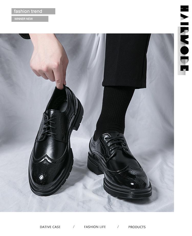 Men's Large Size Casual Brogue Leather Shoes, Pointed Toe, Height Increasing, Size 46