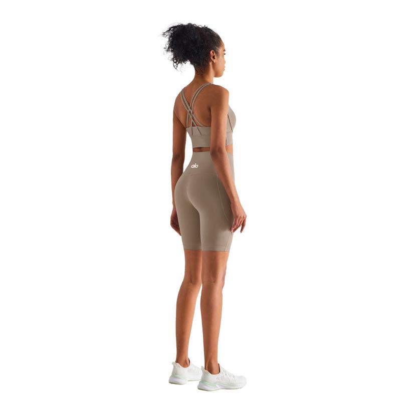 Pantaloncini da Yoga a Vita Alta Color Pesca con Tasche – Senza Cuciture, Vestibilità Comoda per Donna
