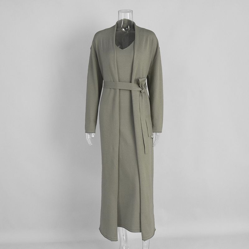 

French style Ins Style Fashion Temperament Knit cardigan Sling Dress Cover up Set Knitted Dress Set Olive green L