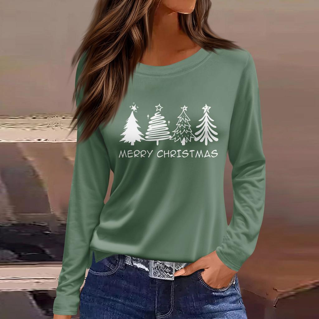 Women's Fashion Casual Slit Hem Round Neck Long Sleeve Loose Printed T-Shirt Ladies Top