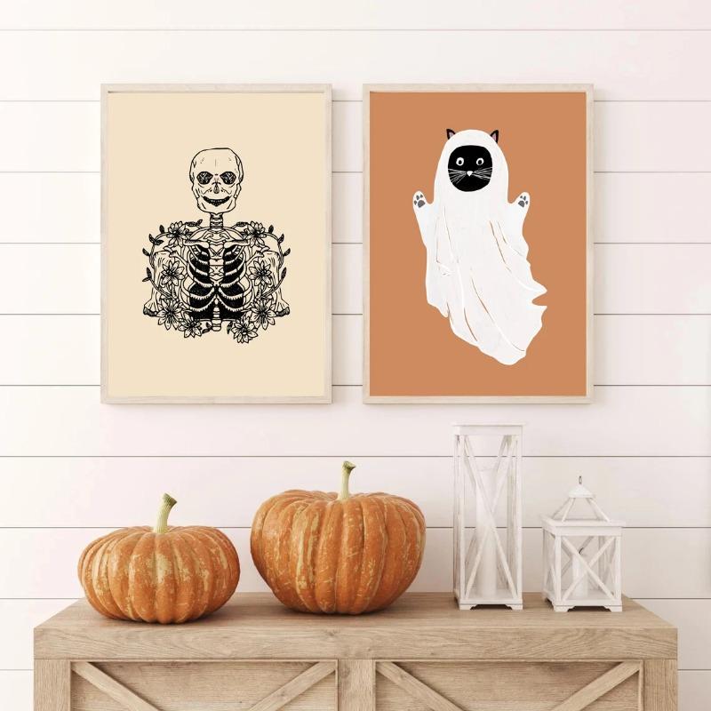 Funny Ghost Tooth Skull Ghost Wall Art Canvas Painting Autumn Halloween Pumpkin Decoration Posters Living Room Aesthetic Decor
