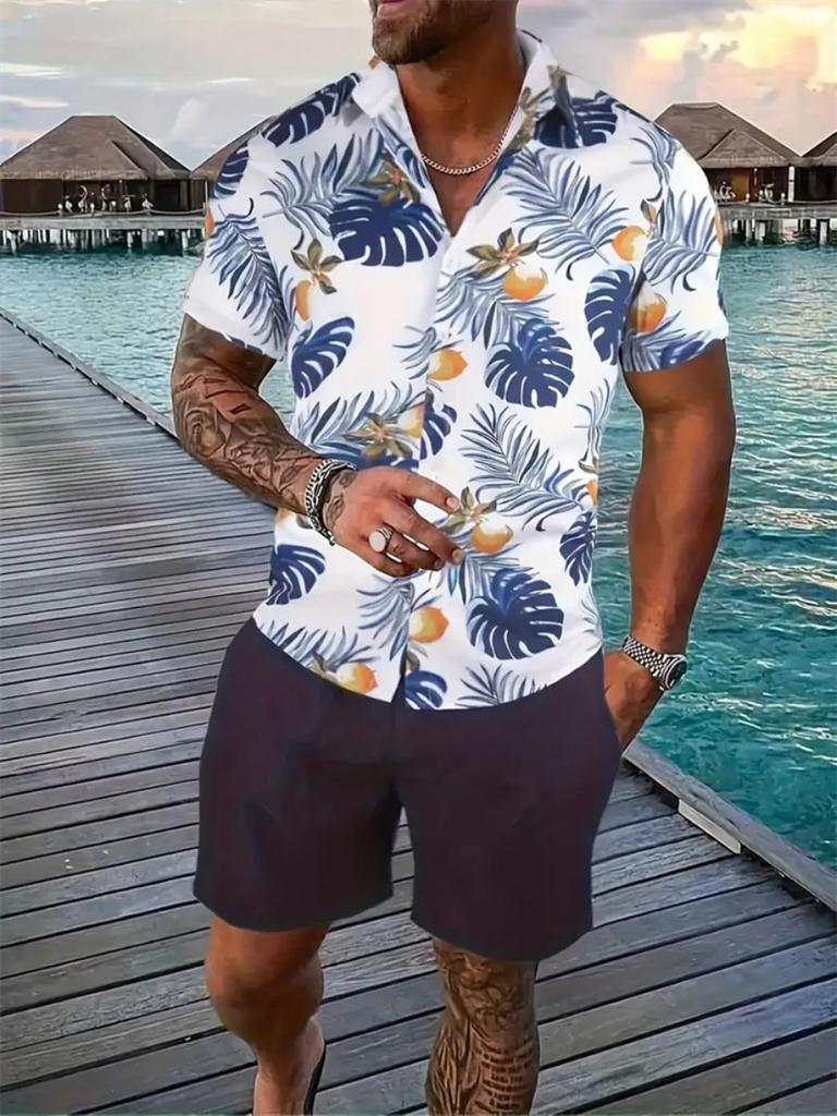 Hawaii Geometric Print Men's Shirt Casual Fashion Short Sleeve Shirt Shorts Set Men's Lapel Top Drawstring Shorts Two Piece Set