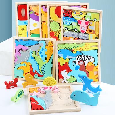 Dreidimensionales Cartoon-Tier-Puzzle für Kinder, Holzpuzzle für frühe Bildung, Handgreifbrett, Obst- und Gemüse-Transportspielzeug