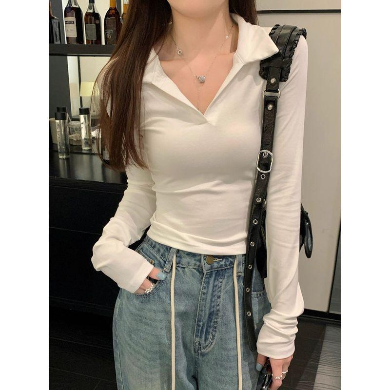 Kumikumi Gyaru Style Polo Collar Solid Long sleeves Shirt Women clothes Autumn Chic Age-Reducing Slimming Slim fit Top
