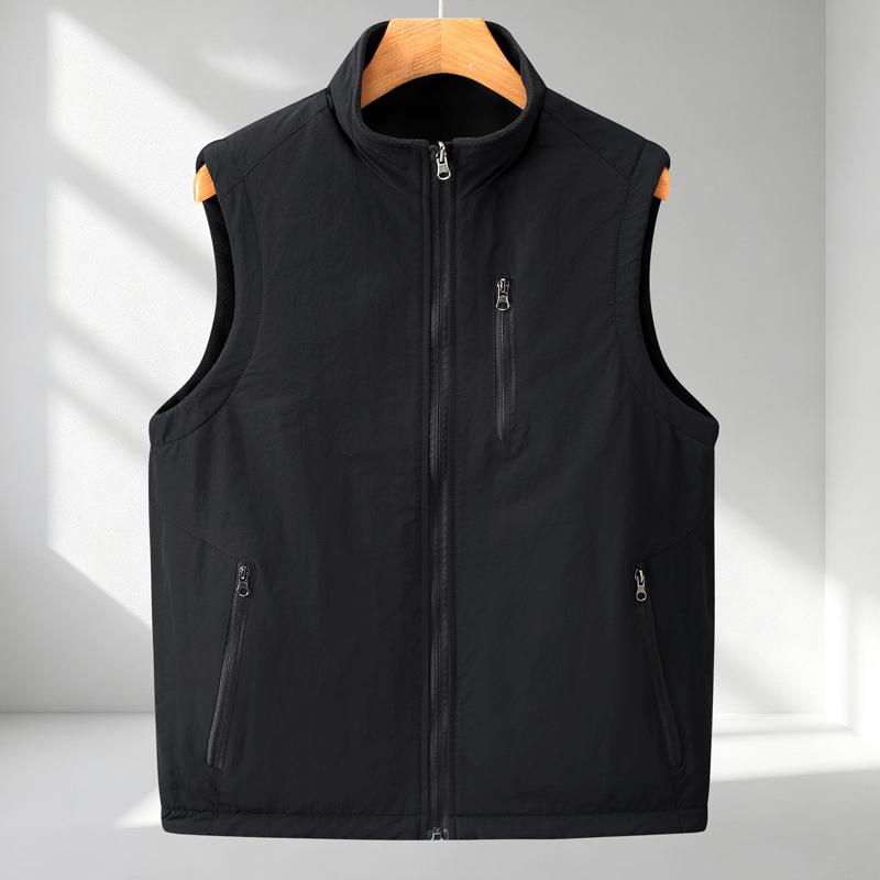 Men Reversible Vest Fleece Lined Waterproof Stand Collar Multi‑Pocket Zip Waistcoat