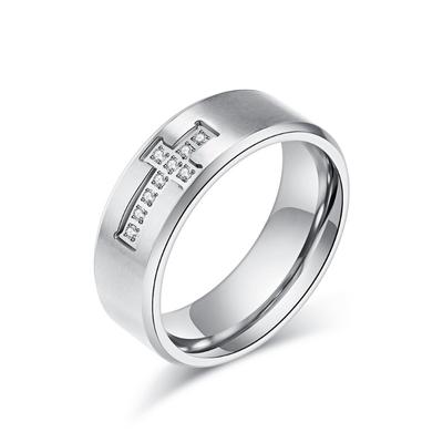 Luxury Diamond Encrusted Cross Titanium Steel Ring for Men Faith Jewellery Silver Couple Wedding Finger Ring