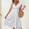 Summer Dress Women Sleeveless V Neck Ruffle Edge Elastic Waist Pure Color A Line Cutout Midi Swing Dress Knee Length Dating Shopping