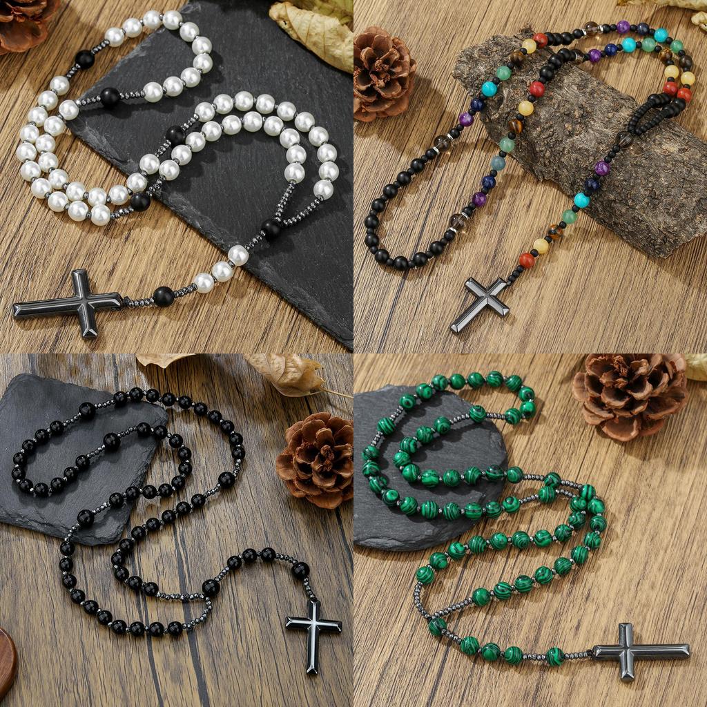 Natural Stone Black Agate Tigers Eye Cross Necklace For Men Hip Hop Jewelry