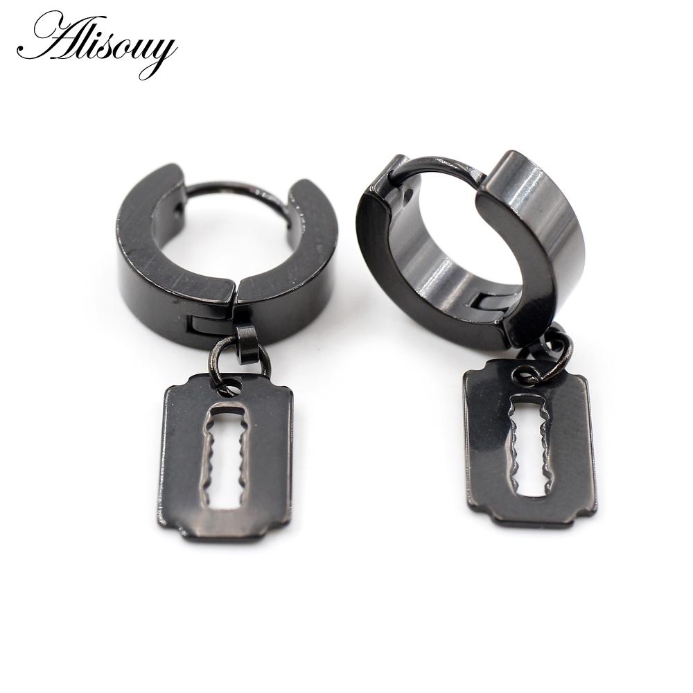 Alisouy 2PCS Stainless Steel Star Cross Snake Spike Skull Sword Blade Chain Feather Spider Dangle Women Men Huggie Hoop Earrings