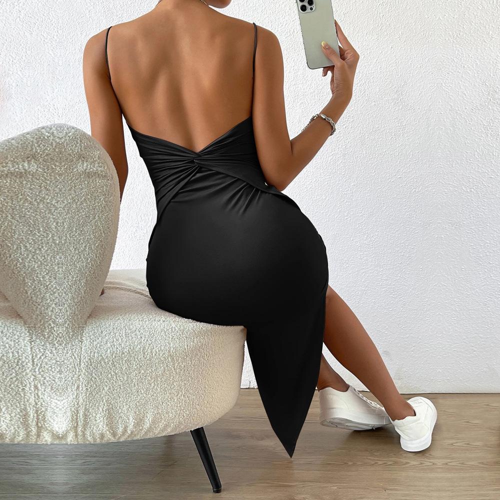2024 Spring Women's European & American Backless Bodycon Sling Dress with Slit