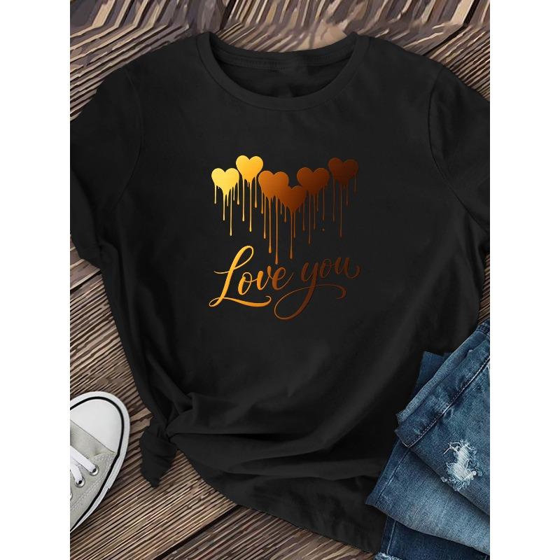 European Size Women's "Love You" Heart Patterned Short-sleeved Shirt, Fashionable Outfit Piece, Daily Home Wear Clothing