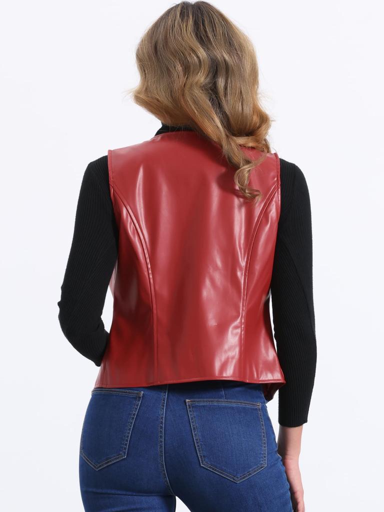 Allegra K Manteau en Faux Cuir pour Femme, Col en V, Sans Manches, Veste Gilet Biker Motard Vintage à Fermeture Éclair, Rouge, Taille L