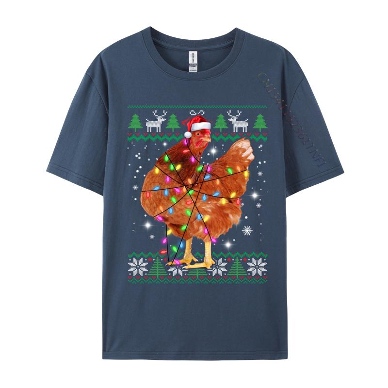 Ugly Christmas Chicken Santa Hat Lights Sweater Xmas T-Shirts Natural Cotton Man Fashion T-Shirt Chicken Santa T-Shirts Casual