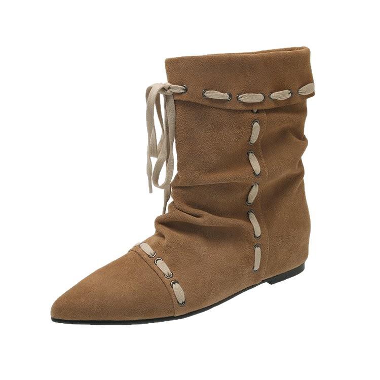 Folded Pointed Short Boots Women's Flat Bottom Straps 2025 Summer and Autumn New Retro Niche Maillard Western Cowboy Boots