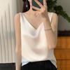 Women Satin V Neck Slim Fit Cropped Spaghetti Strap Camisole Tank Top