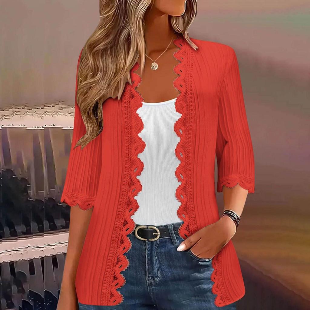 Women's Fashion Casual Seven Split Sleeve Solid Color Lace Cardigan Jacket