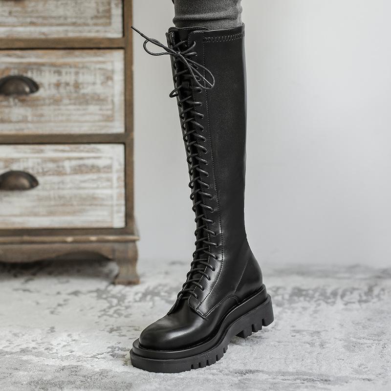 Martin Boots Black Thick-soled Slim Lace-up High Boots Long Knight Boots Women's Autumn and Winter
