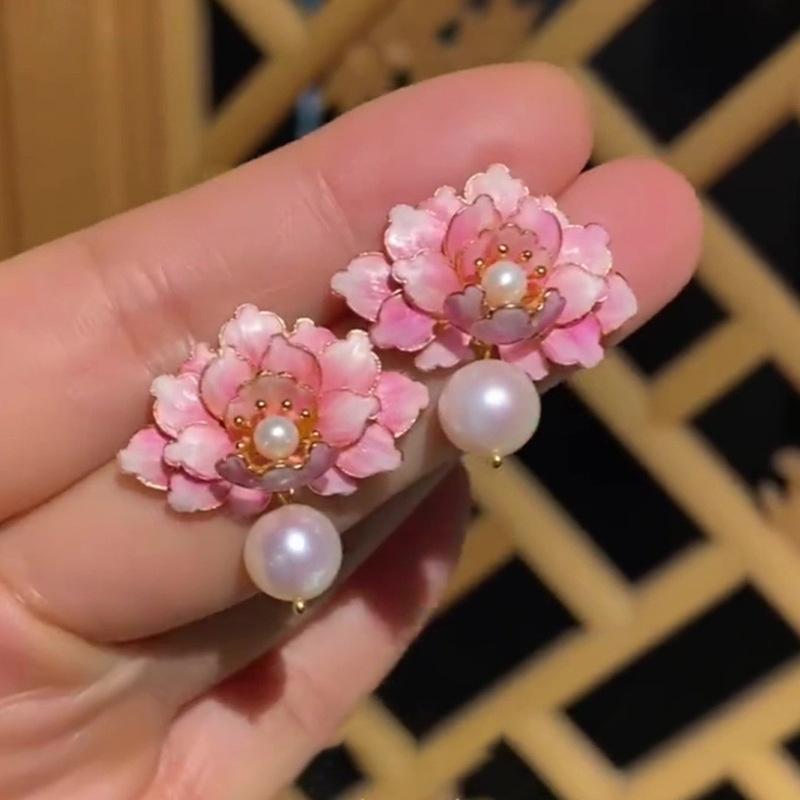 Rosa Öl Tropfen Blume Perlen Ohrringe süß mädchenhaft Herz Mode Steckerohrringe frisch Frühling Zubehör Ohrringe Damen