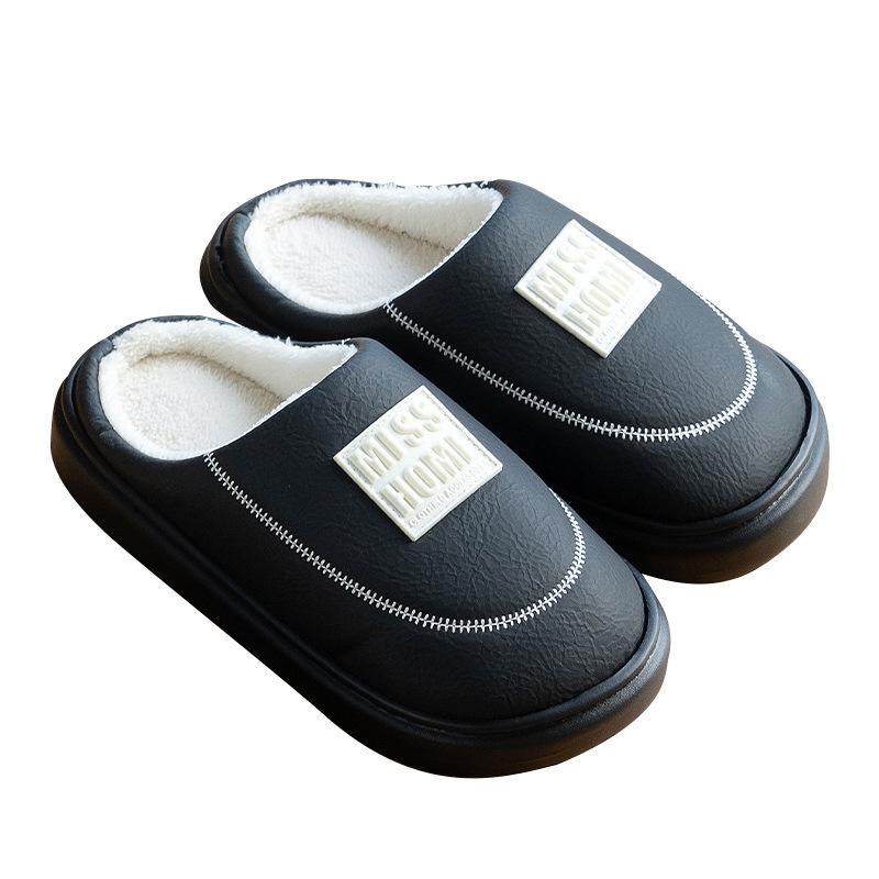 New Mid-to-high-end PU Leather Slippers Winter Couple Home Thick Bottom Heightening Velvet Warm Non-slip Cotton Slippers