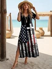 American Flag Flower Pattern Slim Long Dress V-neck Short Sleeve Side Split Hanging Loose Medium and Long Dress