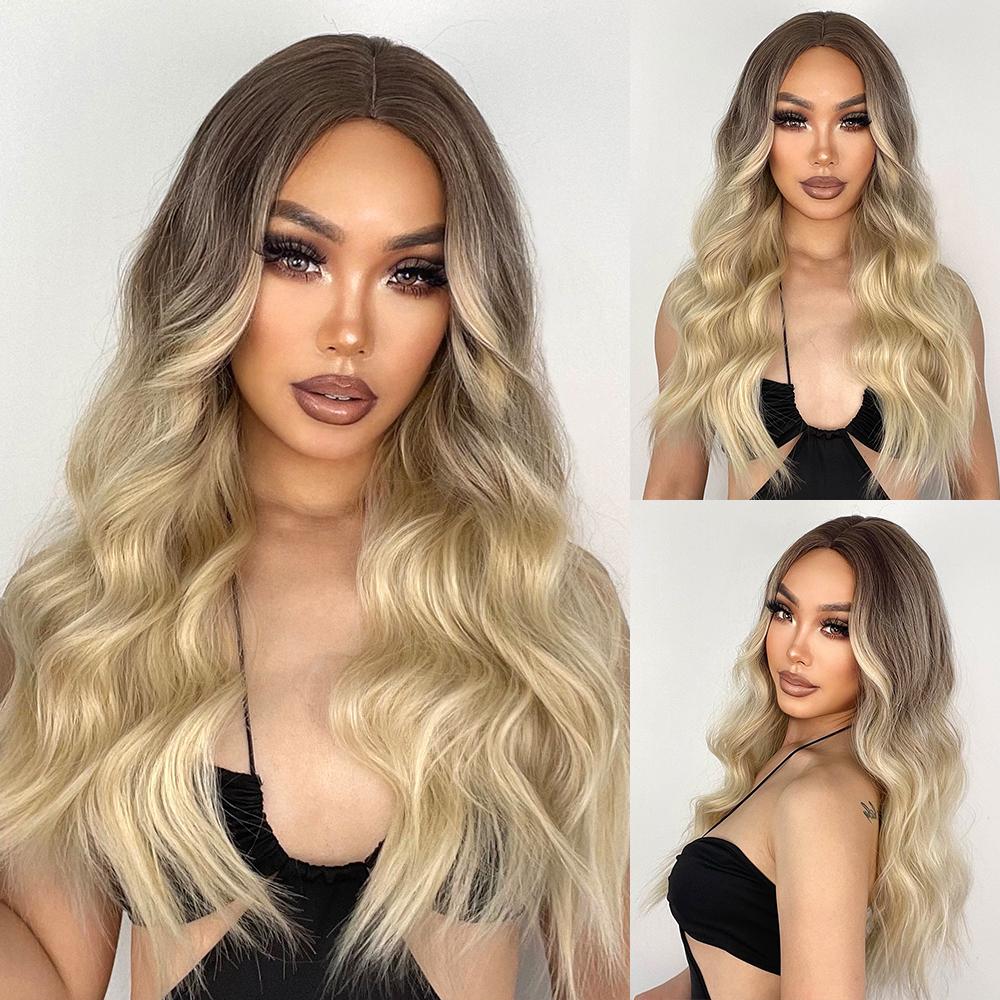 MISS WIG Hellbraune, blonde, lange, gewellte synthetische Perücken mit natürlichem Mittelteil, tägliches Haar für Frauen, Cosplay