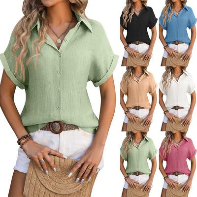 Chemise ample à manches courtes et boutons plissés pour femme, couleur unie, décontractée