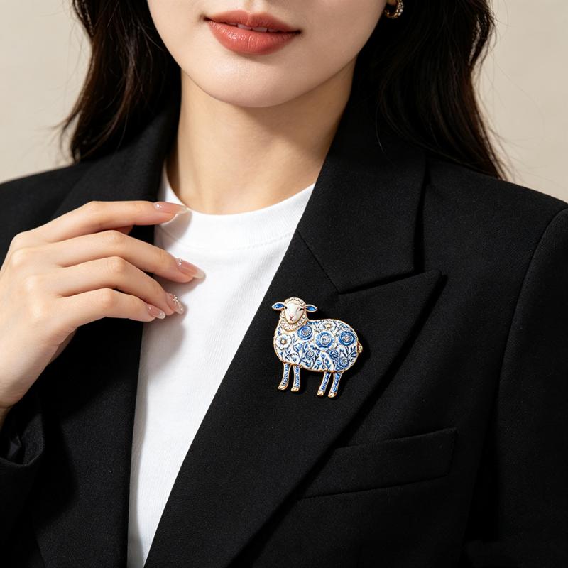 1Pcs Rose-Flower Sheep Brooches For Women Unisex 4-Color Rhinestone Year Of The Goat Animal Party Office Brooch Pin Gifts