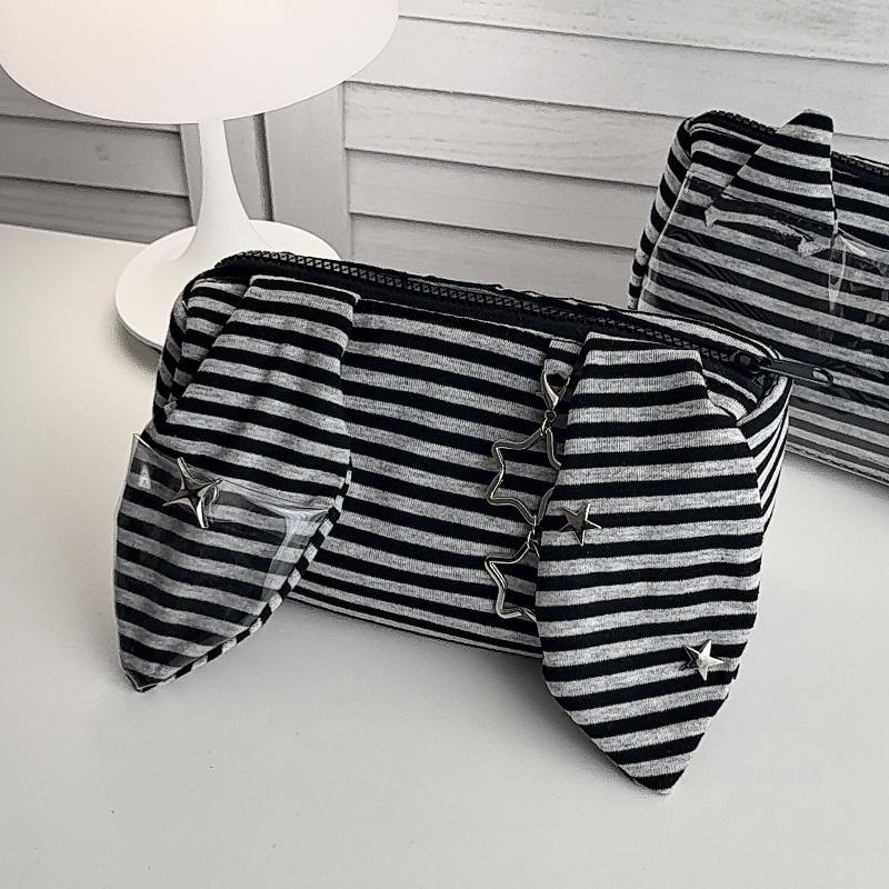 Kawaii Striped Devil Horn Pencil Pouch Waterproof Large Capacity Portable Organizer for Art Students Travel