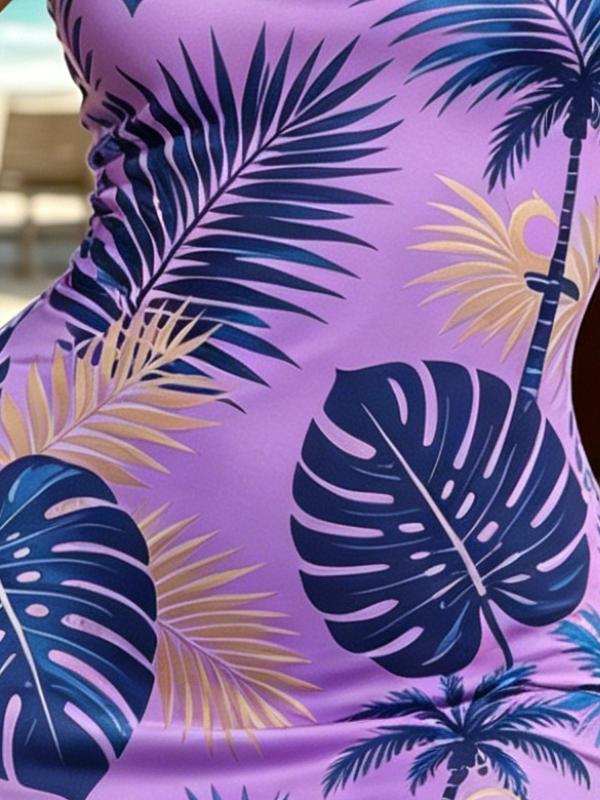 Women's Elegant Tropical Print Sleeveless Bodycon Mini Dress, High Waist Slim Fit Casual and Party Wear