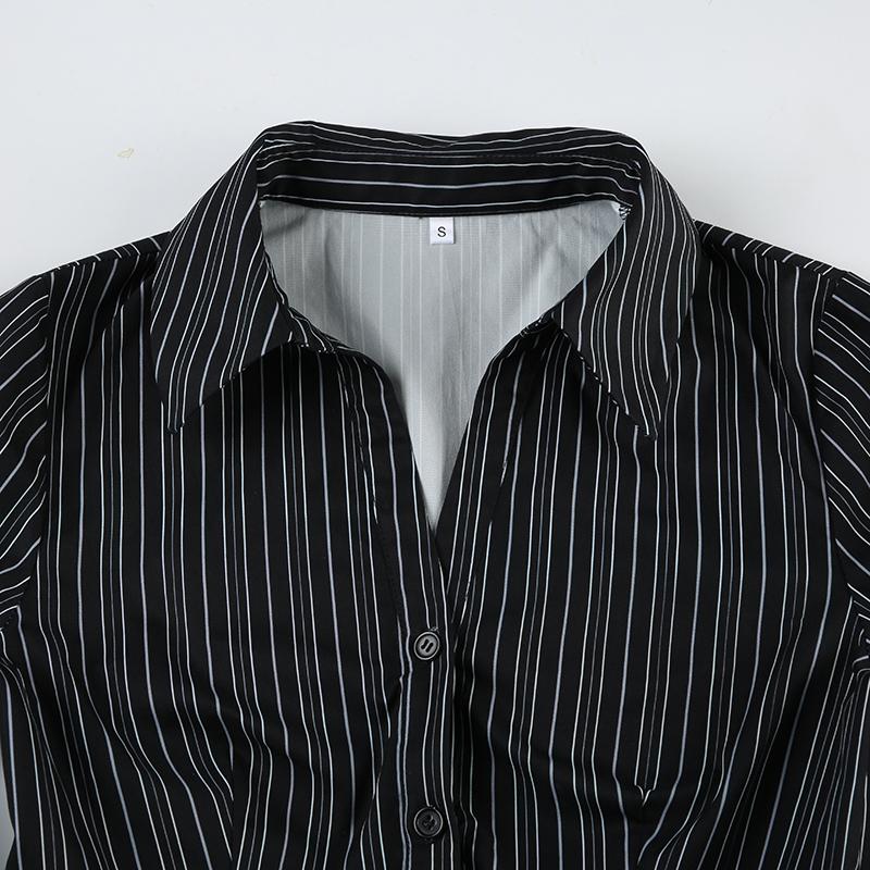 Fashion Chic Black Stripe Women Blouse Slim Long Sleeve Shirt Top Buttons-Up Casual Y2K Cardigan Retro