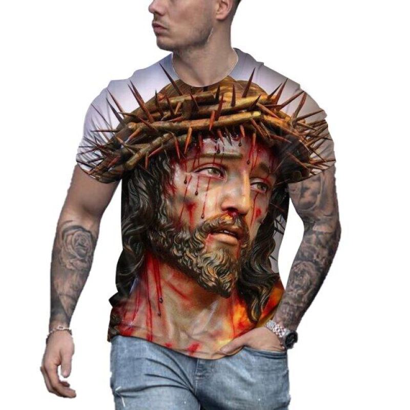 Retro Men's T-shirt Jesus Pattern T-shirt Men's Casual Short sleeved T-shirt Quick Drying Large Clothing Top Street Clothing
