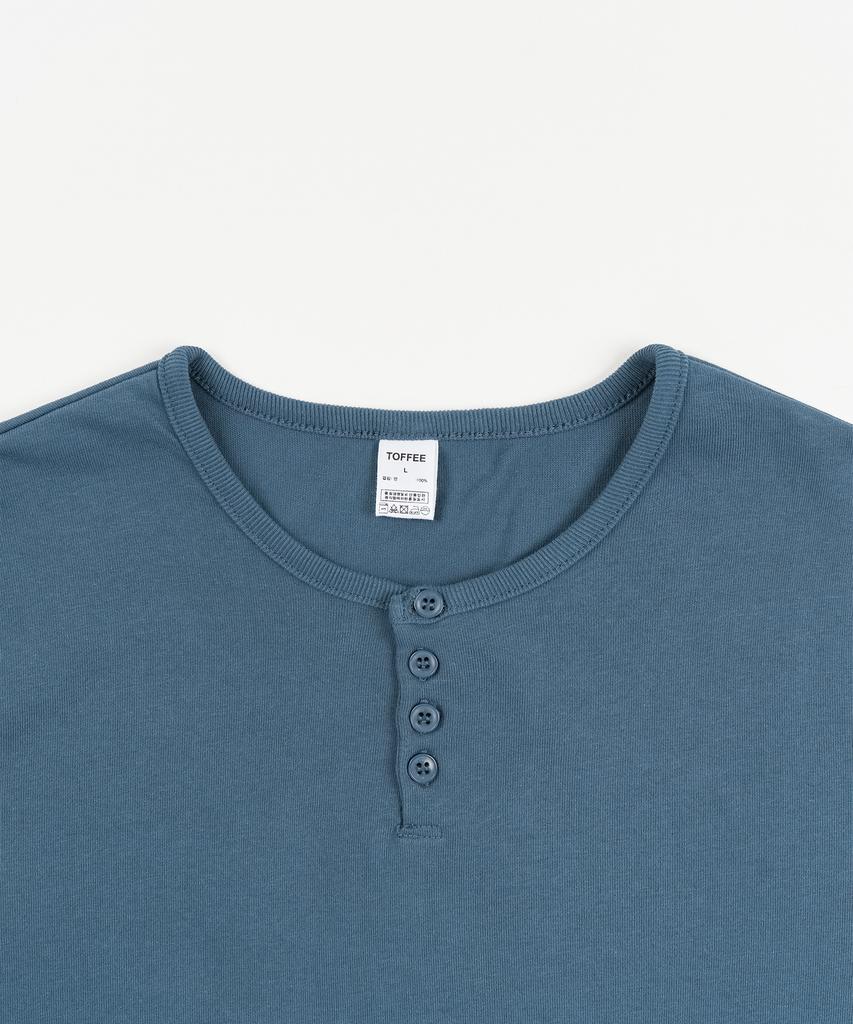 TOFFEE [S-Xxl] Slim Crop Henley Neck Half T-Shirt (Blue)