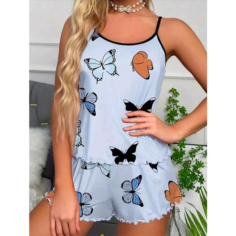 Women's European-Style Butterfly Print Pajama Set - Comfortable Camisole and Shorts for Home or Outdoor Wear