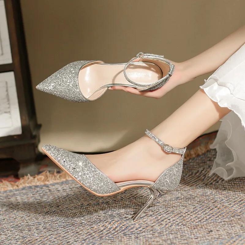 Fashion Exquisite Women's High Heels Summer Party Banquet Shoes French Designer Sheos Pointed End Elegant Sequin High Heels Women Shoes