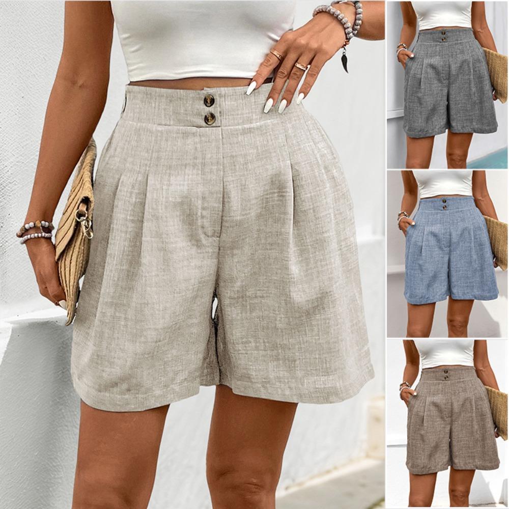 Women's Elastic High Waist Straight Leg Shorts Solid Color Button Pleated Casual Bermuda Shorts