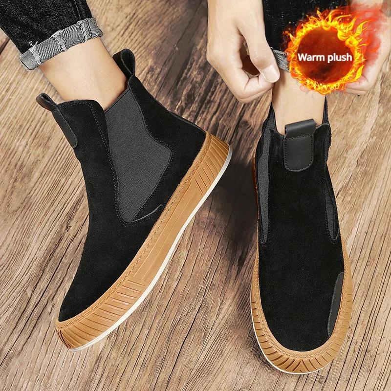 Pánské kotníkové boty z umělého semiše Teplé Pánské Chelsea boty Nazouvací Bavlněné Sněhule pro Muže Retro Ležérní Boty Botines Para Mujere