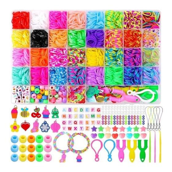 Loom bracelet making kit, accessory kit, storage case included, handmade colorful rainbow rubber band bracelet set, knitting needles, DIY necklace,