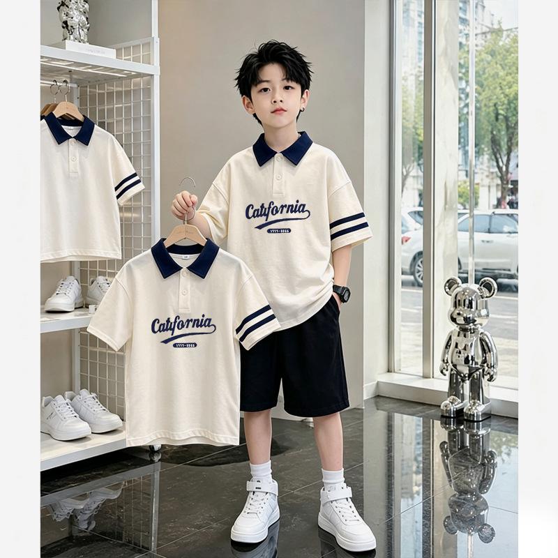 Boys' Cotton Polo T-Shirt Set - Summer 2026, Letter Color Block, Short-Sleeved, for Older Kids